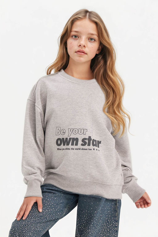 Relax Fit Bisiklet Yaka Bask_l_ Sweatshirt K_z _ocuk - Defacto фото 3