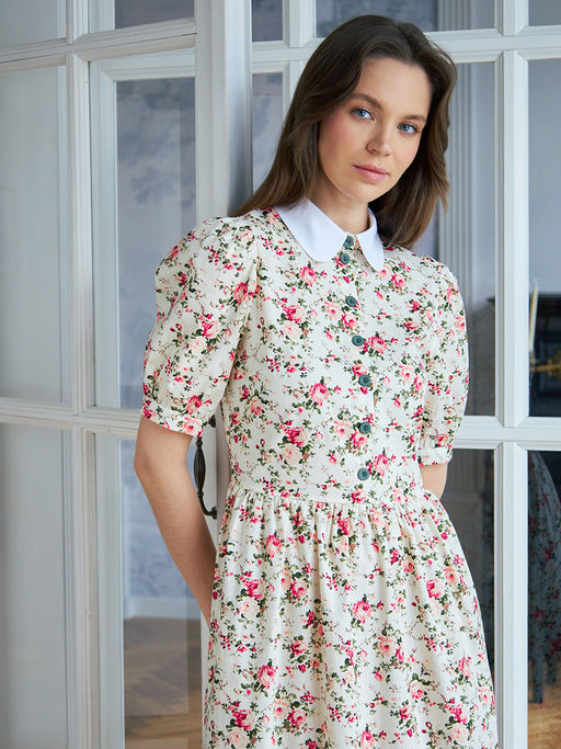 Платье хлопок OD-790-6 молочный мелкий цветок