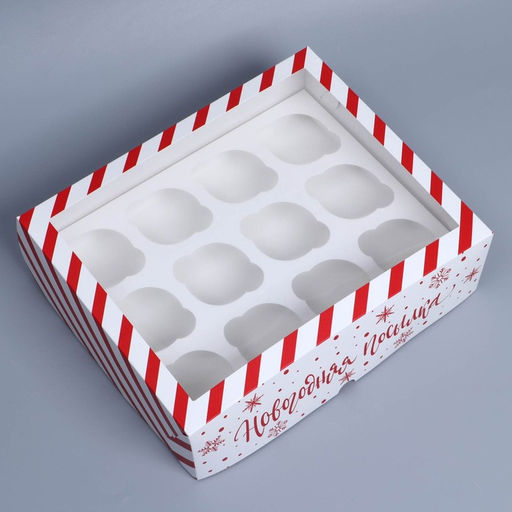 Цена за 5 шт. Коробка складная на 12 капкейков с окном «Новогодняя посылка», 32.5×25.5×10 см