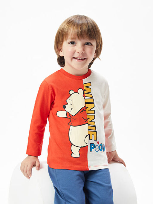 Bisiklet Yaka Uzun Kollu Winnie the Pooh Bask?l? Erkek Bebek Sweatshirt ve Pantolon 2li Tak?m