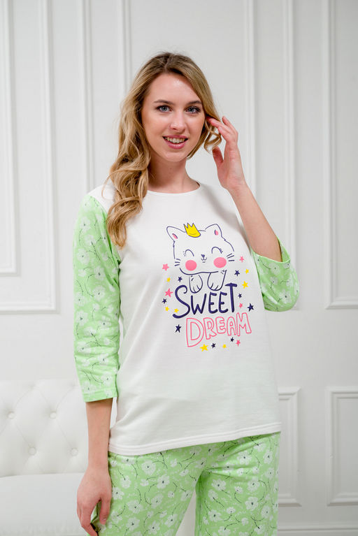 Пижама женская из футера Кисонька нежно-зеленый - Амадэль фото 2