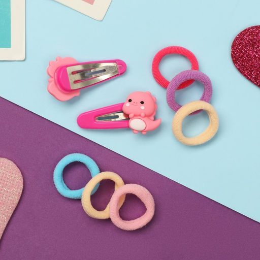 Цена за 6 шт. Набор для волос «Карамель», 10 резинок 1.5 см, 2 невидимки 3.5 см, дракончики, розовый