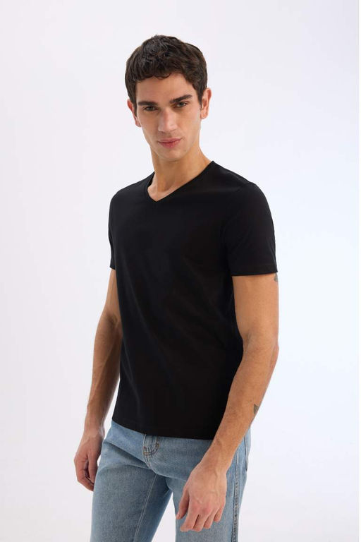 Slim Fit Dar Kesim V Yaka Basic Duz K?sa Kollu Tisort - Defacto фото 2