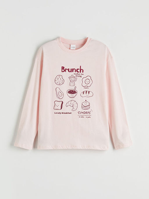 Bask?l? Bisiklet Yaka K?z ?ocuk Pijama Tak?m