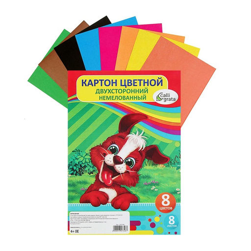 Картон цветной двусторонний А4, 8 листов, 8 цветов Дружок, немелованный, 220 г/м2, в папке