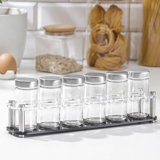 Набор для специй на подставке «Хай-тек», 90 мл, 33×6.7×10.5 см, 4×9.5 см, 6 шт., стекло