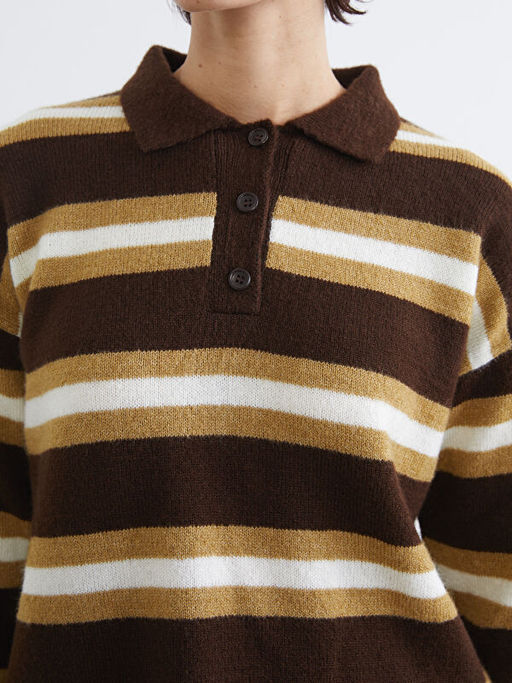 Polo Yaka ?izgili Kad?n Triko Kazak