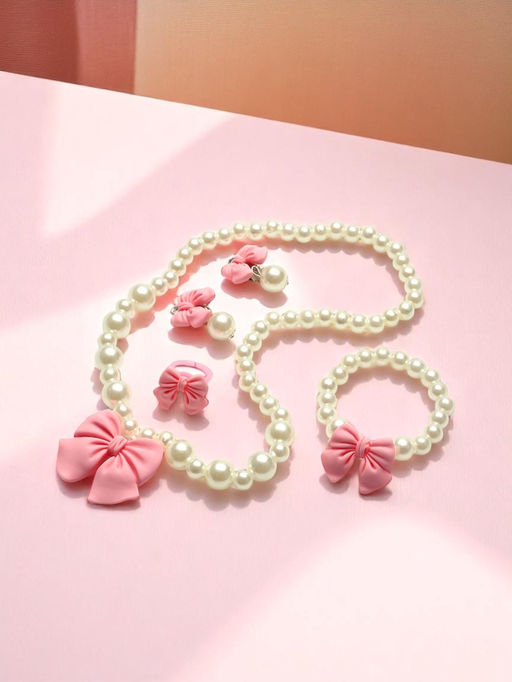 Набор детских украшений Выбражулька «Бант», 4 предмета: кулон, браслет d=6 см кольцо, клипсы, бело-розовый