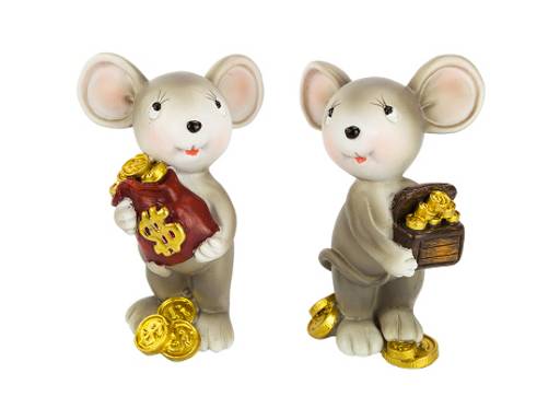 Цена за 1 шт. Мышь с сундучком/Мышь с мешком с золотыми монетами 4,5х2,5х6,5 см (в ассортименте)