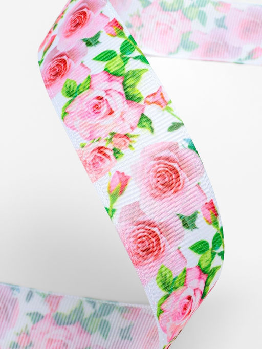 Лента репсовая Розы, 25 мм, 181 м, белая, розовая