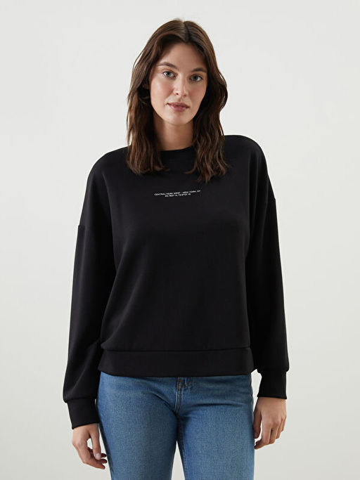 Bisiklet Yaka Bask?l? Oversize Kad?n Sweatshirt