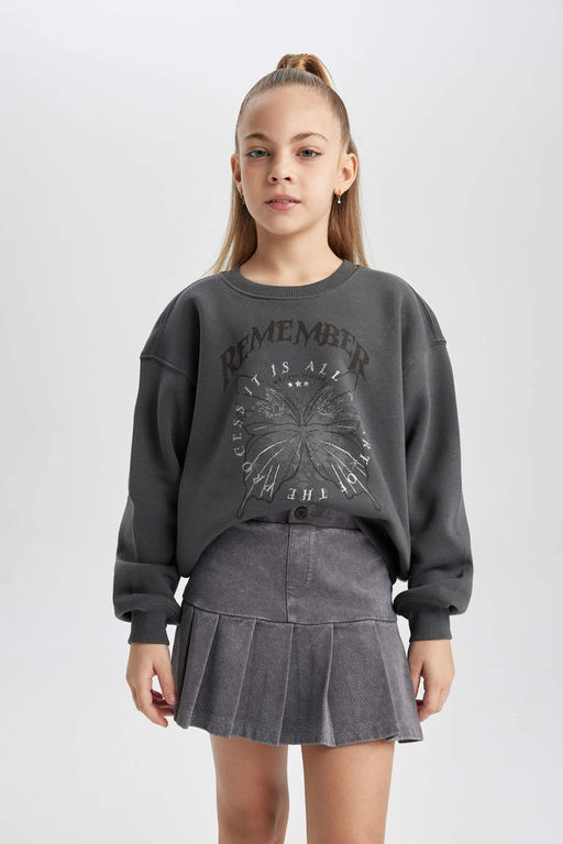 Толстый свитшот с круглым вырезом и принтом для девочек - Defacto фото 3