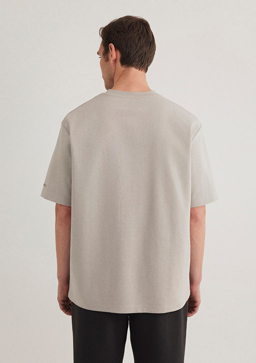 Bisiklet Yaka Bej Basic Tisort - Mavi фото 6