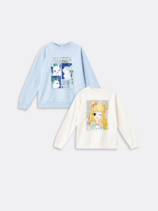 Bisiklet Yaka K?z ?ocuk Sweatshirt 2li