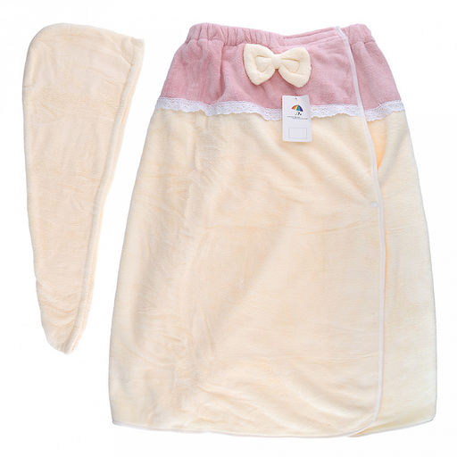 Парео махровое "Куколка" 80х165см, хлопок 100%, на резинке с липучкой, на кнопке, ажурный кант; с чалмой на пуговице 68х25см, ванильный (Китай)