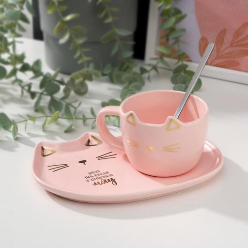 Чайная пара Мяу: кружка 200 мл, блюдце 18?11 см, ложка