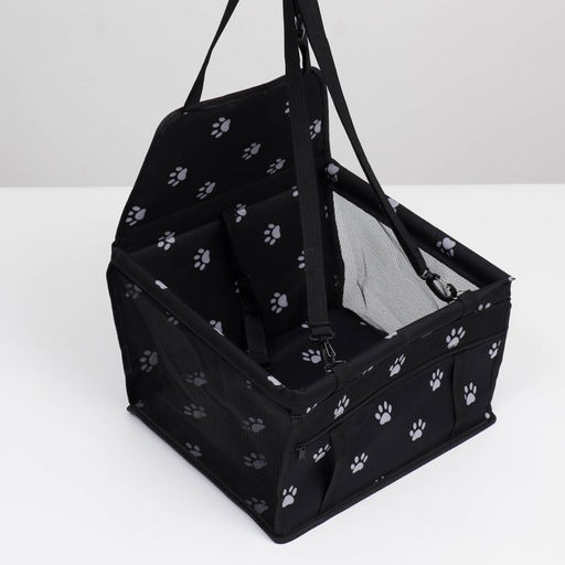 Автокресло для животных 40*30*25 см, чёрное с белыми лапками - Пижон фото 3