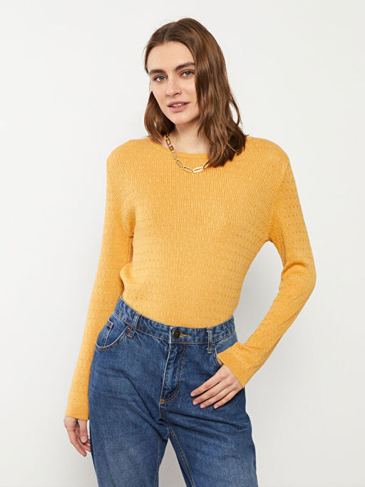 Bisiklet Yaka Kendinden Desenli Uzun Kollu Kad?n Triko Kazak