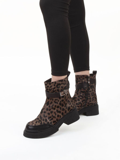 04-HSM705 BLACK/LEOPARD Ботинки зимние женские (натуральная кожа, натуральный мех)