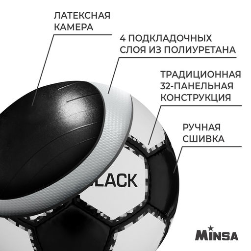 Мяч футбольный MINSA Black, PU, ручная сшивка, 32 панели, р. 5  фото 3