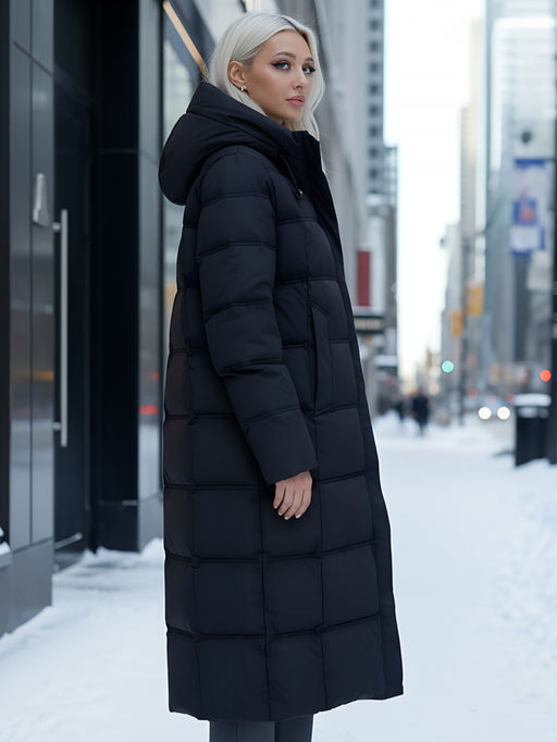 Пальто утепленное стеганное зимнее с капюшоном женское черного цвета 9627Ch - Mtforce фото 20