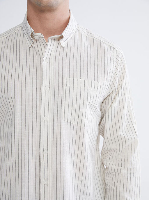 Regular Fit ?izgili Erkek Keten Kar???ml? G?mlek