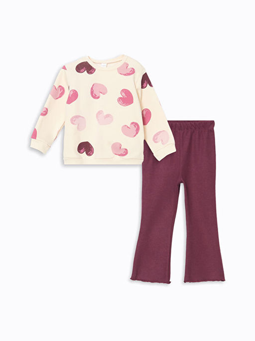 Kalp Bask?l? K?z ?ocuk Sweatshirt ve Tayt Pantolon 2li