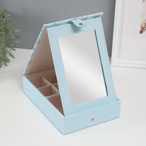 Шкатулка для украшений «Панда и ракушки», с зеркалом, искусственная кожа, голубая, 15×21.5×5.5 см