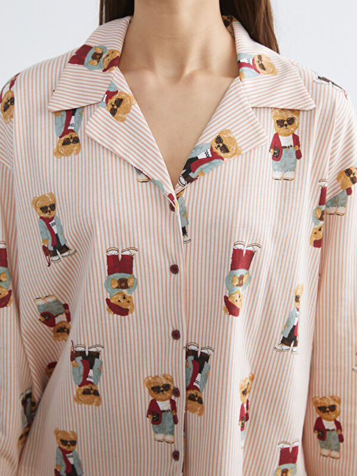 G?mlek Yaka Ay? Teddy Bask?l? Kad?n Pijama Tak?m?