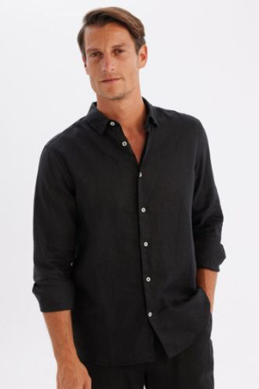 Regular Fit Polo Yaka Keten Uzun Kollu Gomlek