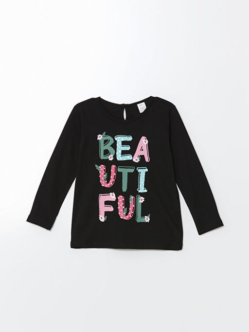 Bisiklet Yaka Uzun Kollu Bask?l? K?z ?ocuk Ti??rt