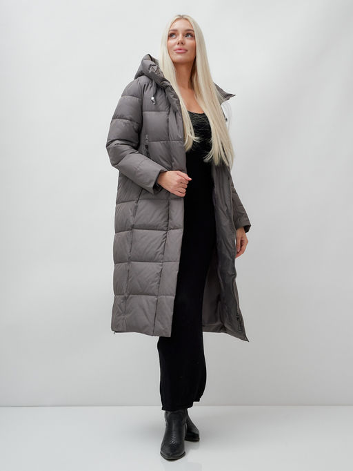 Пальто утепленное стеганное зимнее с капюшоном женское темно-серого цвета 9606TC