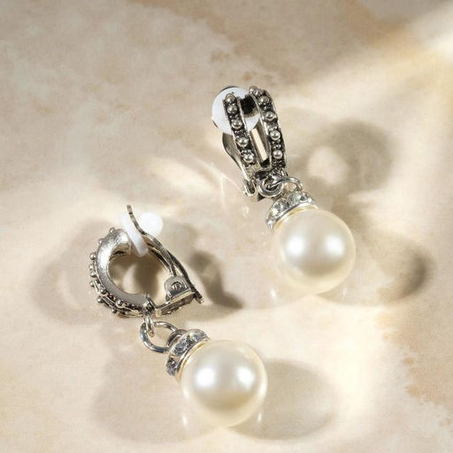 Клипсы для ушей QF Грейс, две линии с бусинами, цвет белый в чернёном серебре