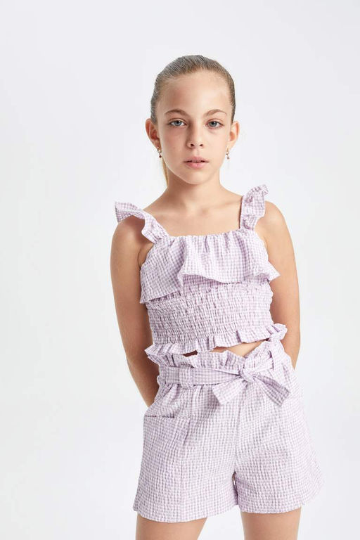 Клетчатые шорты из бумажного пакета для девочек - Defacto фото 4