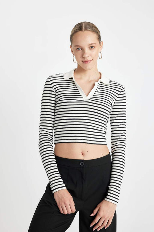 Приталенная полосатая футболка с воротником-поло и длинными рукавами - Defacto фото 4