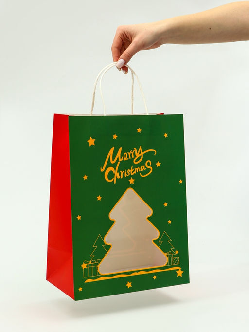 Цена за 2 шт. Пакет подарочный бумажный, с окном «Ёлка» 26×35×16 см, крафт зеленый