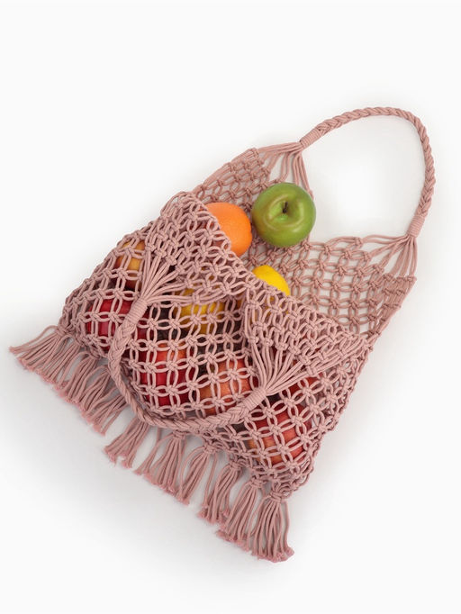 Сумка пляжная, плетёная, клетка 3.5 см, персиковая