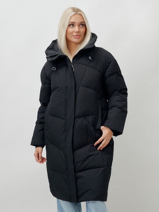 Пальто летучая мышь женское с капюшоном зимнее черного цвета 9616Ch - Mtforce фото 12