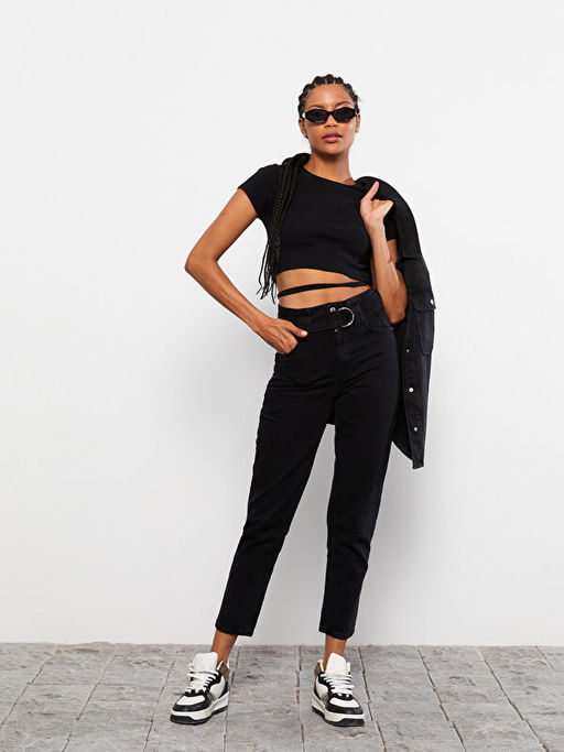 Y?ksek Bel Mom Fit D?z Cep Detayl? Kad?n Rodeo Jean Pantolon