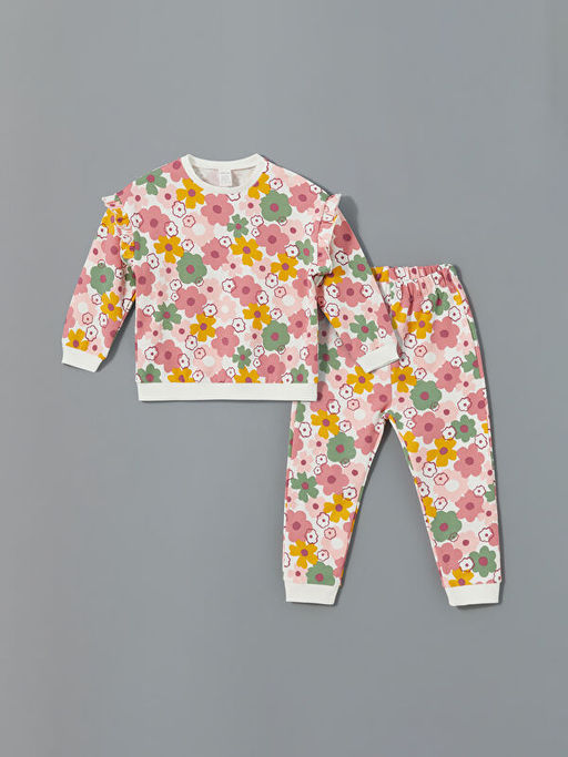 Bisiklet Yaka ?i?ekli K?z Bebek Sweatshirt ve E?ofman Alt 2li