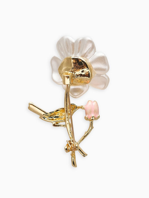 Брошь «Цветок с птичкой», разноцветная в золоте