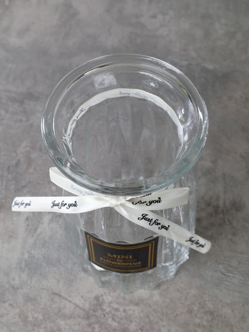 Ваза для цветов 18 см прозрачная с лентой этикетка / WRD-141 /уп 30/ без и/уп