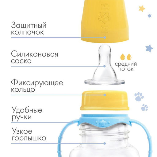 Бутылочка для кормления M&B «ТРЕНД. Песики», классическое горло, с ручками, от 0 мес., 150 мл., цилиндр, голубой