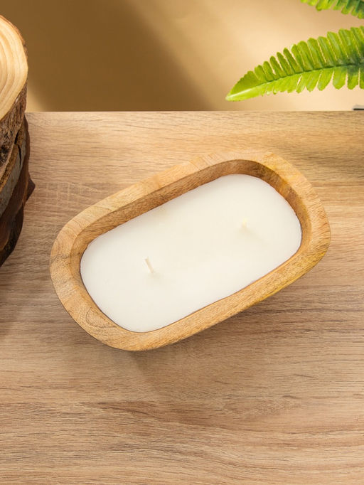 Свеча в деревянной чаше, парафин и соевый воск, 20×13×5.5 см