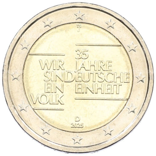 Монета 2 евро 2025 года J Германия 35 лет объединению Германии