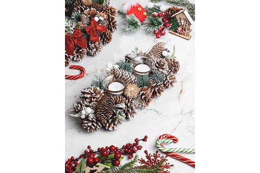 Новогоднее украшение подсвечник 33*15*8 см Снежный лес на 2 свечи, прямоугольный