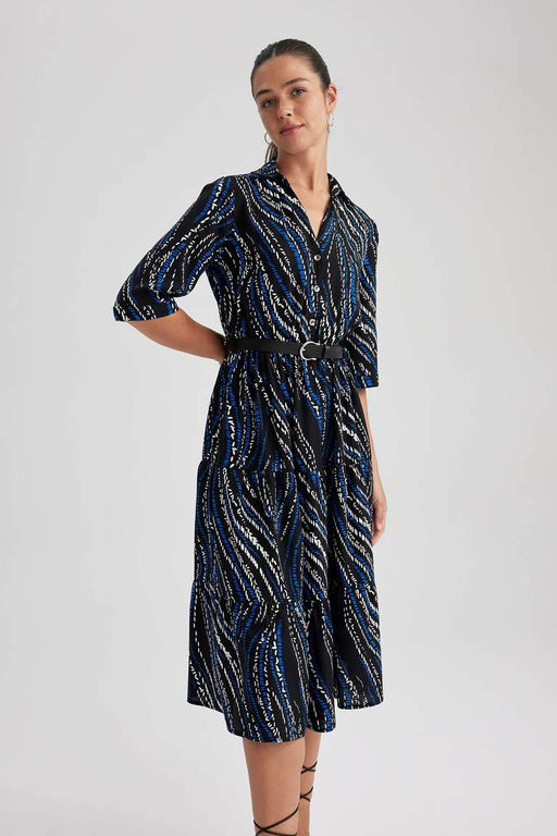 Платье миди с воротником-рубашкой и узором до половины рукава