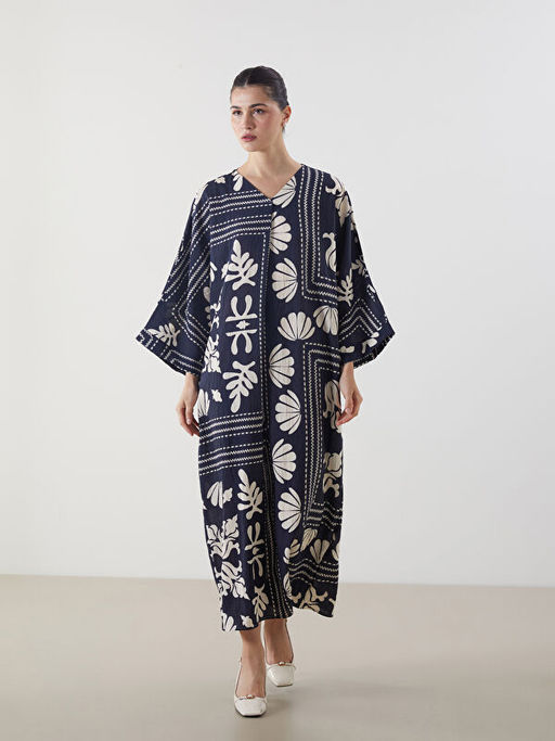 V Yaka Desenli Oversize Elbise