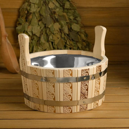 Шайка-таз из липы, 6 л, нержавеющая вставка, "Русские узоры"