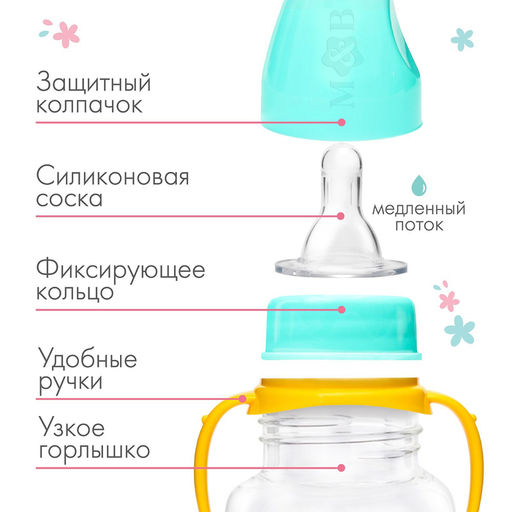 Бутылочка для кормления M&B «ТРЕНД. Лама», классическое горло, с ручками, от 0 мес., 150 мл., приталенная, бирюзовый
